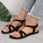 Sandálias rasas decoradas com strass para mulheres, sapatos de verão de bico aberto na moda, sandálias leves com tira no tornozelo