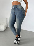 Jeans Elásticos Slim-Fit para Mulher - Estilo Elegante e Justo para o Outono, Perfeitos para Saídas Casuais, Calças de Ganga Elásticas de Cintura Subida.