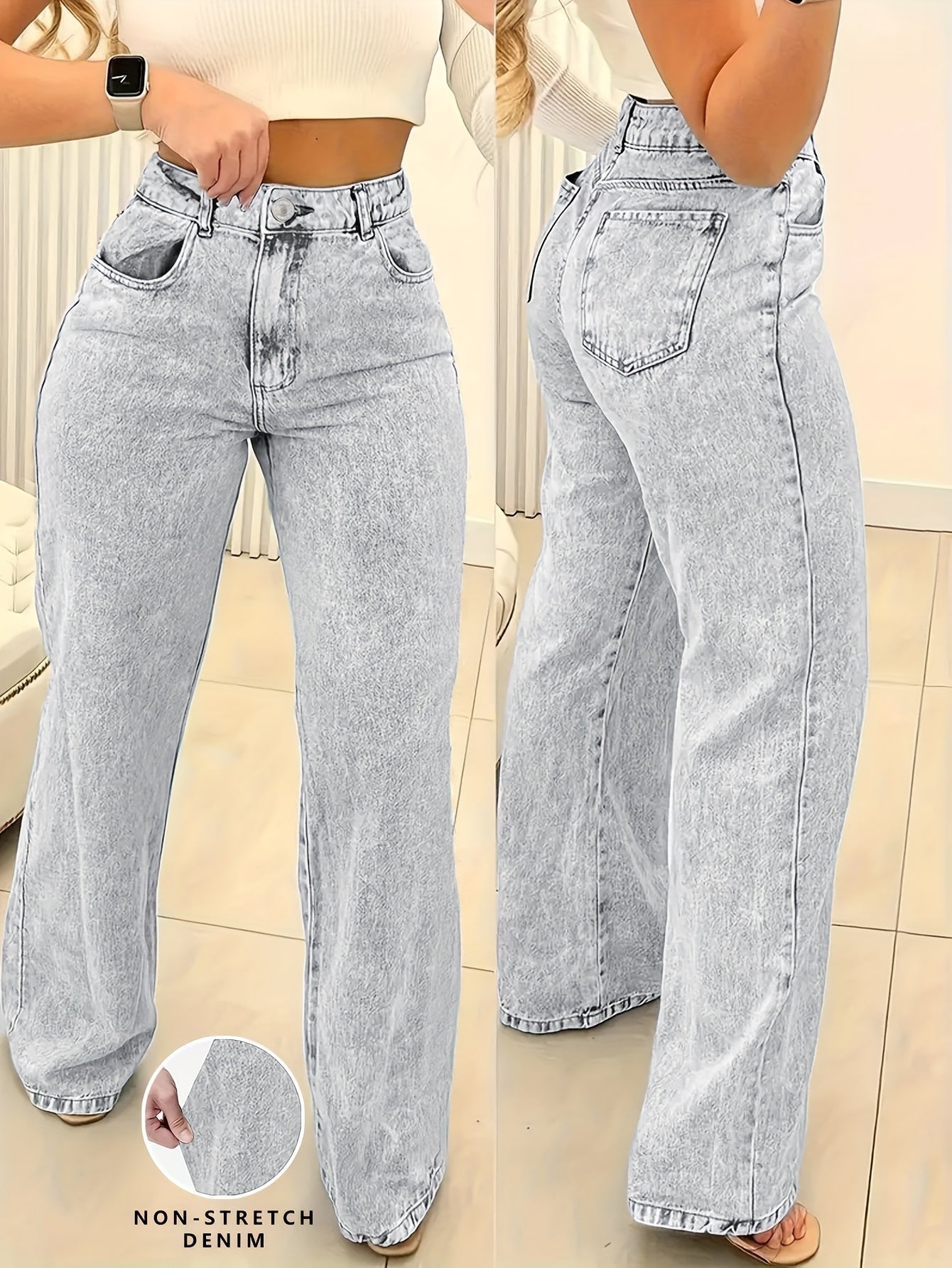 Calças Jeans de Cintura Alta e Perna Larga - Lavagem Marrom, Modelo Reto com Fechamento por Botão (Sem Cinto), Casual a Formal para Todos os Estilos do Ano em Cor Sólida Elegante Para Noite & Dia-a-Dia (Lavável na Máquina)