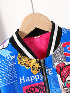 Jaqueta Bomber Aconchegante com Forro de Fleece e Estampa de Pop Art para Meninas - Casaco Casual com Zíper Estilo Baseball para Outono/Inverno, Tamanhos 130-170