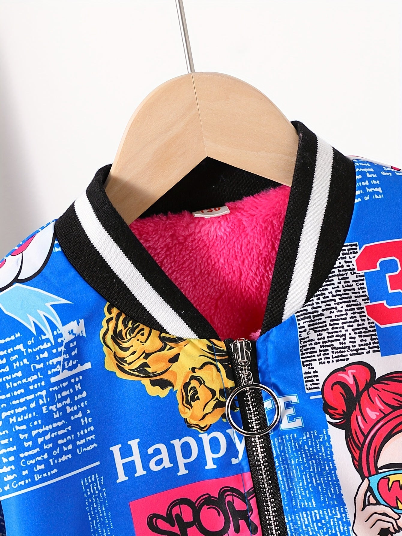 Jaqueta Bomber Aconchegante com Forro de Fleece e Estampa de Pop Art para Meninas - Casaco Casual com Zíper Estilo Baseball para Outono/Inverno, Tamanhos 130-170