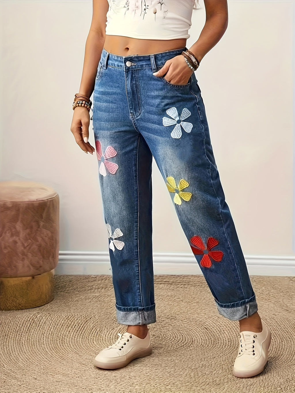 Calças Jeans Femininas Elásticas - Calças de Stretch Não Transparentes com Estampa Floral (Rosa/Vermelho/Amarelo), Corte Reto para Looks Casuais e Formais, Lavável em Máquina, Bordado Decorativo, Moda Confortável