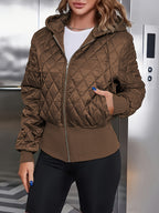 Casaco Acolchoado Casual com Capuz, Zíper e Cordão em Verde Militar