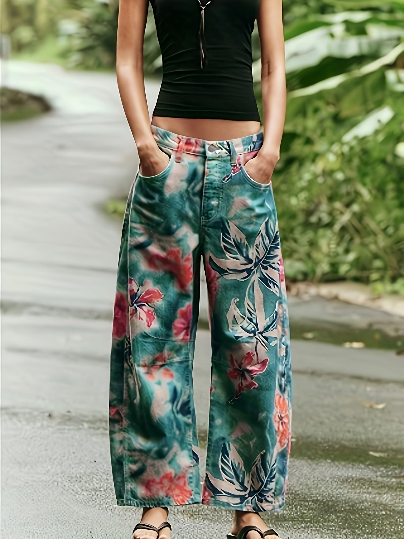 Calças Jeans Femininas de Perna Larga com Estampa Floral Verde - Calças de Pintura Botânica em Azul Turquesa e Rosa, Calças Retas Vintage com Bolsos, Jeans Laváveis à Máquina para Todas as Estações, Ideais para Estilo Boho, Casual e Formal (Padrões de Perna com Flores)