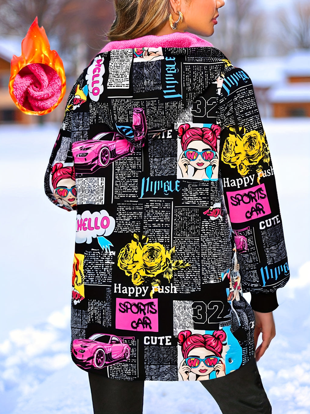 Jaqueta Casual com Capuz para Mulheres Adultas, Estampa Pop Graffiti e Forro, Outono/Inverno