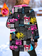 Jaqueta Casual com Capuz para Mulheres Adultas, Estampa Pop Graffiti e Forro, Outono/Inverno
