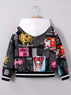 Jaqueta Bomber Aconchegante com Forro de Fleece e Estampa de Pop Art para Meninas - Casaco Casual com Zíper Estilo Baseball para Outono/Inverno, Tamanhos 130-170