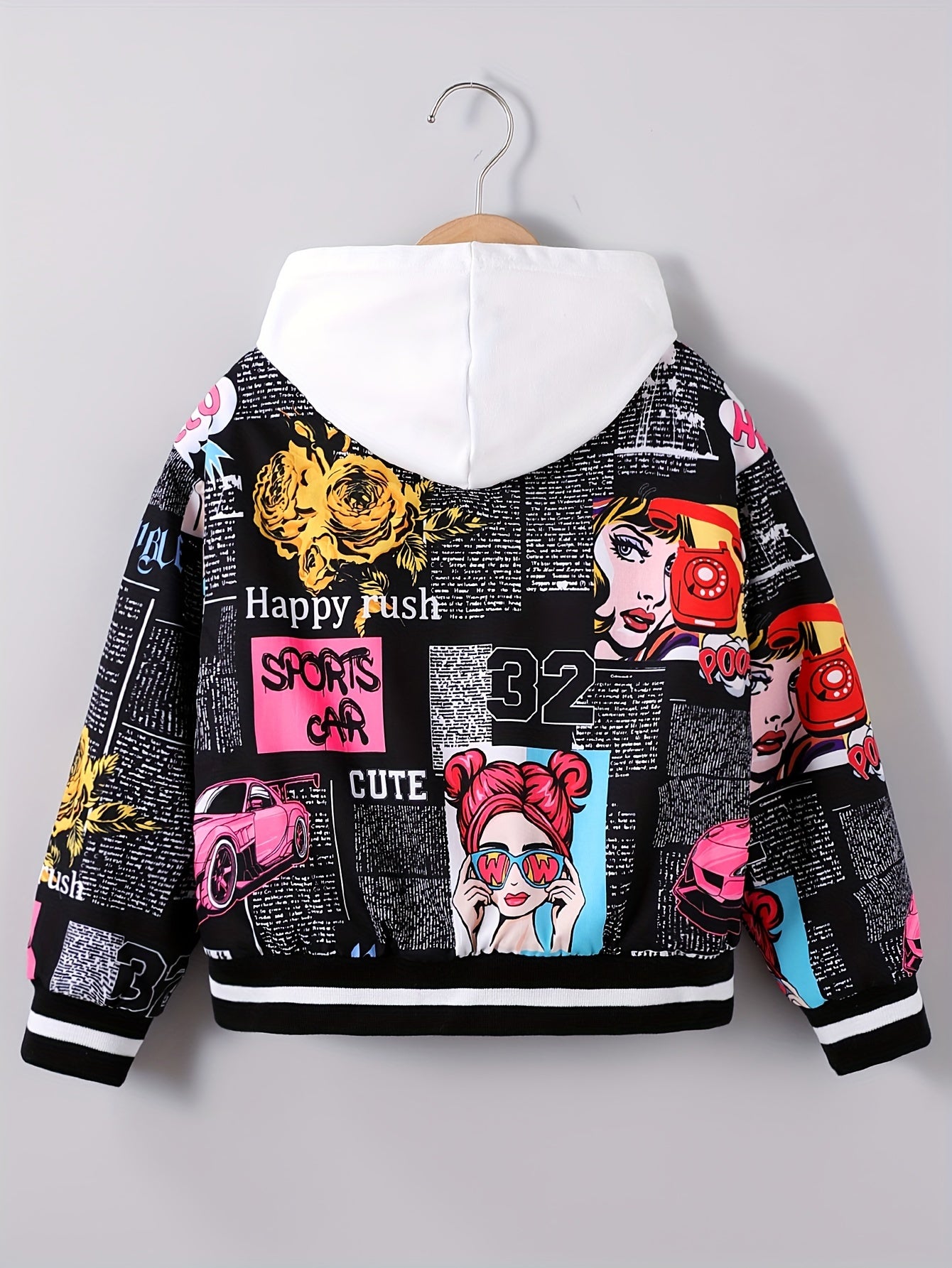 Jaqueta Bomber Aconchegante com Forro de Fleece e Estampa de Pop Art para Meninas - Casaco Casual com Zíper Estilo Baseball para Outono/Inverno, Tamanhos 130-170