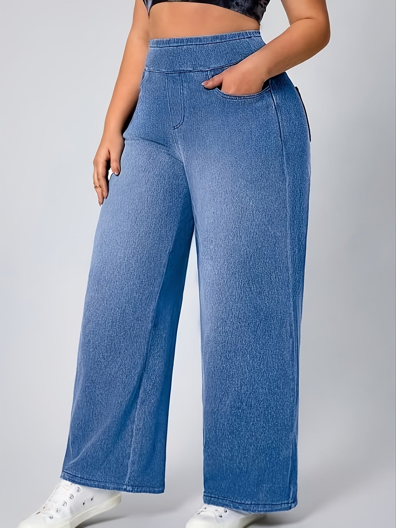 Jeans de ganga elásticos de cintura subida para mulher | Casual, para todas as estações, perna larga, elegantes, com bolsos