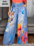 Calças Plus Size Femininas de Perna Larga com Cintura Elástica e Estampa de Borboleta - Calças Maximalistas de Comprimento Total Adequadas para Uso Casual, Escritório e Semi-Formal - Linha Especial Elegante - Calças