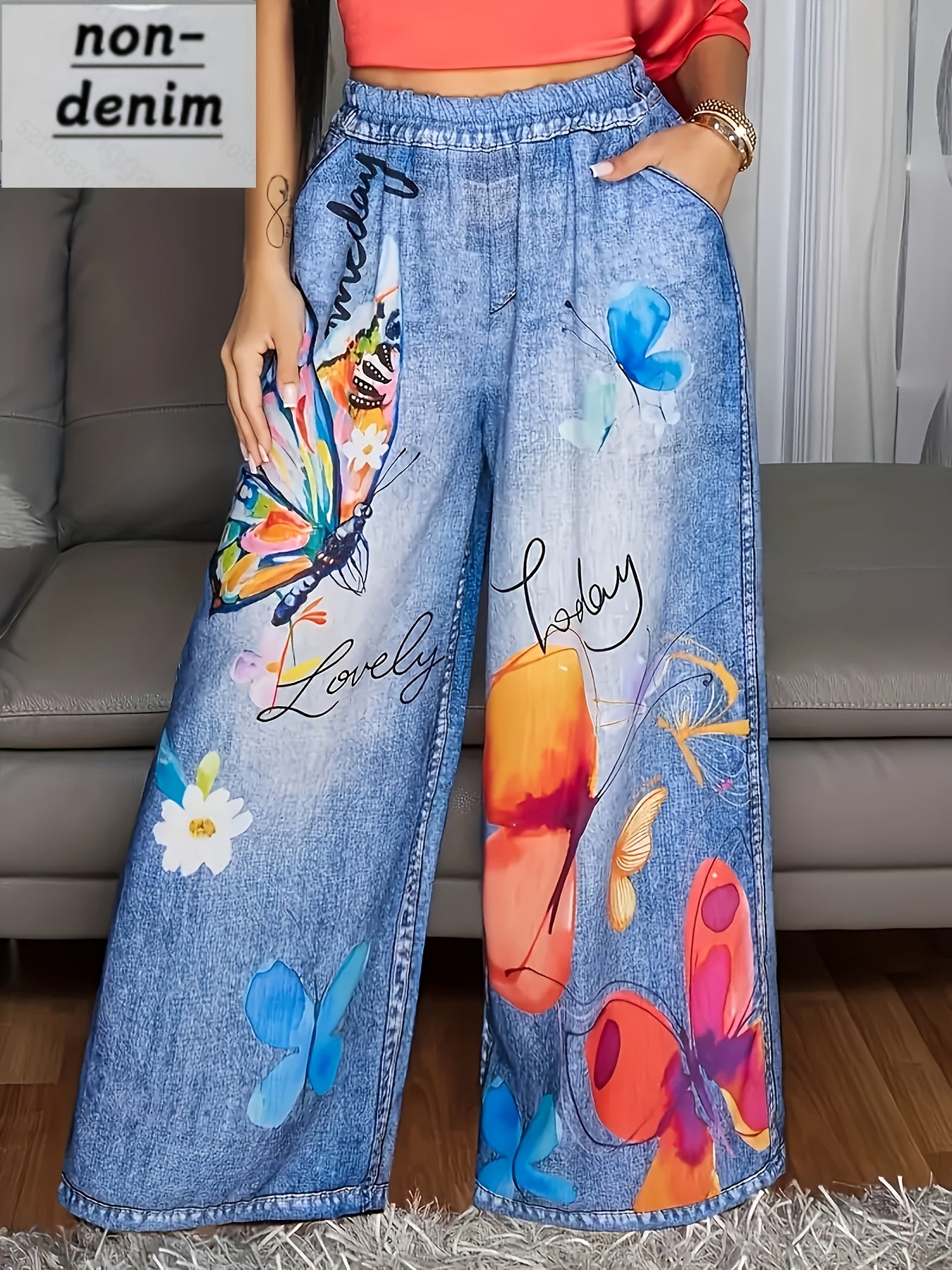 Calças Plus Size Femininas de Perna Larga com Cintura Elástica e Estampa de Borboleta - Calças Maximalistas de Comprimento Total Adequadas para Uso Casual, Escritório e Semi-Formal - Linha Especial Elegante - Calças