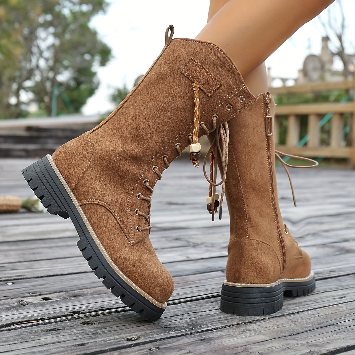 Botas de Cavaleira Femininas de Inverno Acima do Joelho (OTK) - Sola de Borracha Grossa e Salto Grosso, Botas de Montaria Marrom com Cadarço e Bico Redondo, Botas de Vestir para Equitação, Eventos Temáticos e Trajes Casuais (Lavagem à Mão)