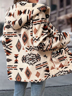 Casaco de Fleece com Capuz e Estampa Geométrica Asteca para Mulheres - Jaqueta Casual de Comprimento Médio com Bolsos Frontais, Lavável à Máquina & Fechamento de Botão Único para Passeios de Outono/Inverno, Moda de Outono, Design Étnico, Calor Duradouro