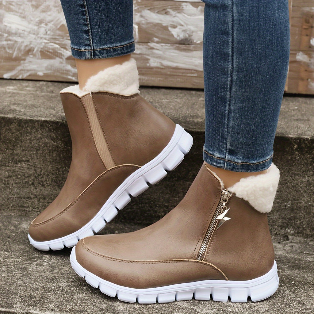 Botas de Inverno Femininas Aconchegantes com Forro de Fleece - Cano Curto, Solado Grosso, Zíper Lateral, Detalhe de Estrela, Bico Redondo Casual, Bege, Para Clima Frio, Botas de Inverno, Solado Grosso, Botas Curtas, Botas para Clima Frio