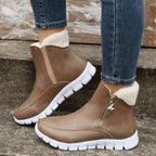 Botas de Inverno Femininas Aconchegantes com Forro de Fleece - Cano Curto, Solado Grosso, Zíper Lateral, Detalhe de Estrela, Bico Redondo Casual, Bege, Para Clima Frio, Botas de Inverno, Solado Grosso, Botas Curtas, Botas para Clima Frio