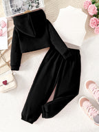 Conjunto de roupas de exterior para meninas na moda para a primavera e outono: camisola de manga comprida com capuz e estampa de letras + colete sem mangas com estampa de letras + calças compridas com cintura elástica, adequado para uso diário casual ou outras ocasiões especiais na primavera e outono, para exterior