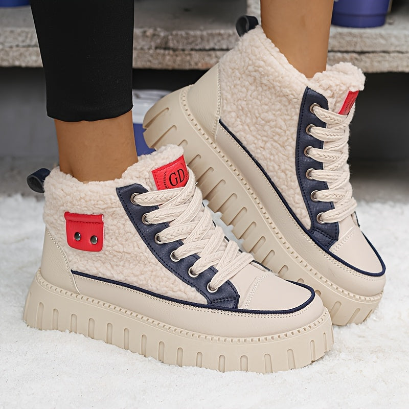 Botas Femininas de Inverno 2025, Cano Alto e Grosso com Forro de Fleece, Sapatos Esportivos Versáteis com Sola Grossa para Clima Frio
