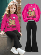 Conjunto de Moletom com Estampa de Golfinho Feng Shui e Calça Flare Ajustada para Meninas, Moda Fofa, Casual para Primavera, Outono e Inverno, Ideal para Uso ao Ar Livre