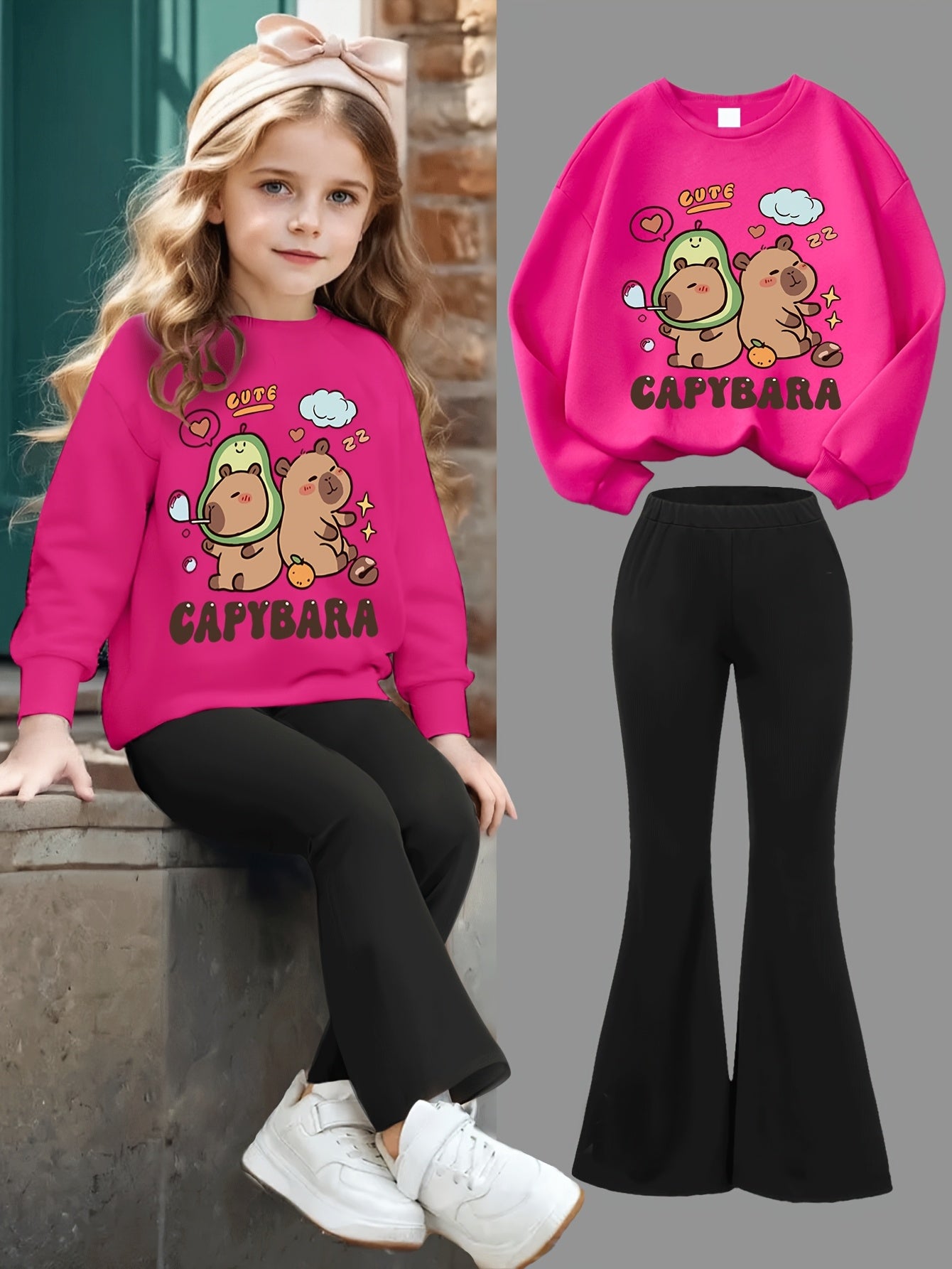 Conjunto de Moletom com Estampa de Golfinho Feng Shui e Calça Flare Ajustada para Meninas, Moda Fofa, Casual para Primavera, Outono e Inverno, Ideal para Uso ao Ar Livre