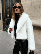 Jaqueta Curta de Inverno com Forro de Pelo Falso - Casaco Macio e Quente Ideal para Outono/Inverno, Lavável na Máquina, Casaco Curto Casual em Cor Sólida com Detalhes em Pelo Falso Bege Claro