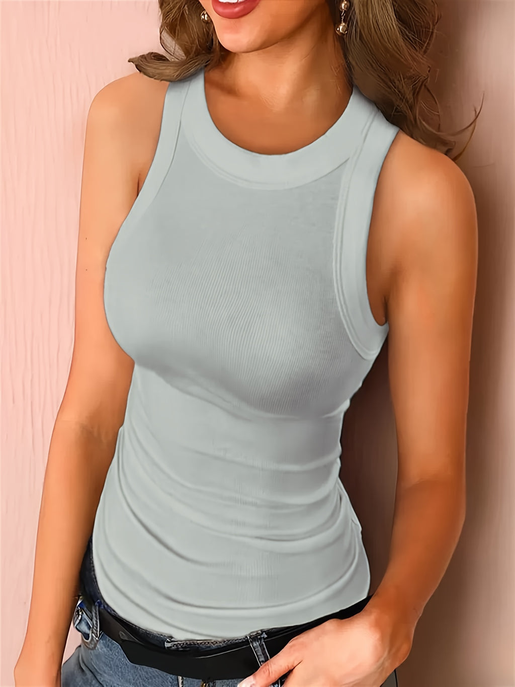 Top de tanque sem mangas para mulheres, com corte slim e decote redondo colorido, versátil e com alças largas, ideal para a primavera, verão, outono e inverno.