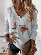 Blusa Casual de Gola V com Estampa em Contraste e Tecido Solto em Estoque