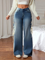 Calças Jeans AW25 de Cintura Alta e Perna Larga para Mulheres, Calças Casuais Roupas Desgastadas e Folgadas