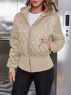 Casaco Acolchoado Casual com Capuz, Zíper e Cordão em Verde Militar