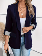 Blazer elegante de dupla abotoadura em azul claro para mulher, com gola de lapela e detalhe de punho - Manga três quartos, poliéster, casaco de moda primavera/outono
