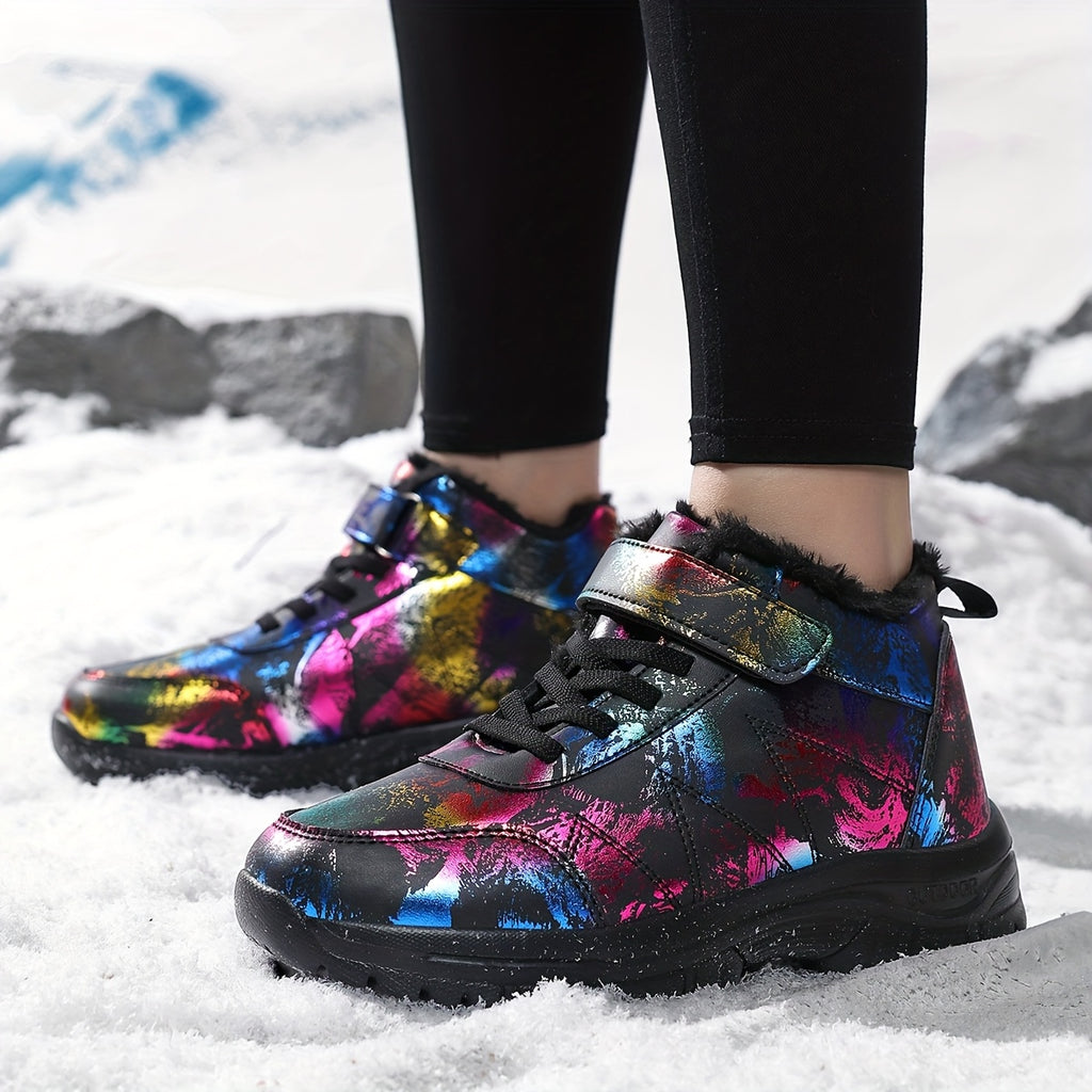 Botas de neve de inverno de pelúcia para mulheres - Salto médio acolchoado e grosso, bico redondo e fecho, padrão floral vibrante, forro de lã quente, perfeitas para ocasiões casuais e formais, botas de neve para mulheres, calçado formal, calçado com padrão decorativo, sola de EVA durável