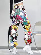 Calças de jogar Sanrio para mulheres com estampado de desenhos animados - Estilo hip-hop urbano, cintura com cordão confortável, lavável à máquina, branco com designs coloridos de personagens, perfeitas para uso casual, calças de jogar