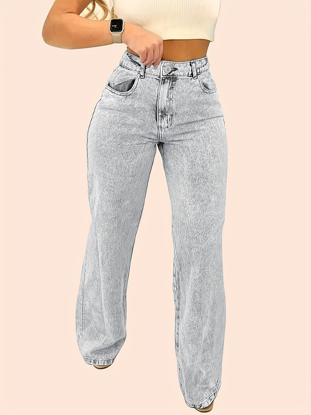 Calças Jeans de Cintura Alta e Perna Larga - Lavagem Marrom, Modelo Reto com Fechamento por Botão (Sem Cinto), Casual a Formal para Todos os Estilos do Ano em Cor Sólida Elegante Para Noite & Dia-a-Dia (Lavável na Máquina)