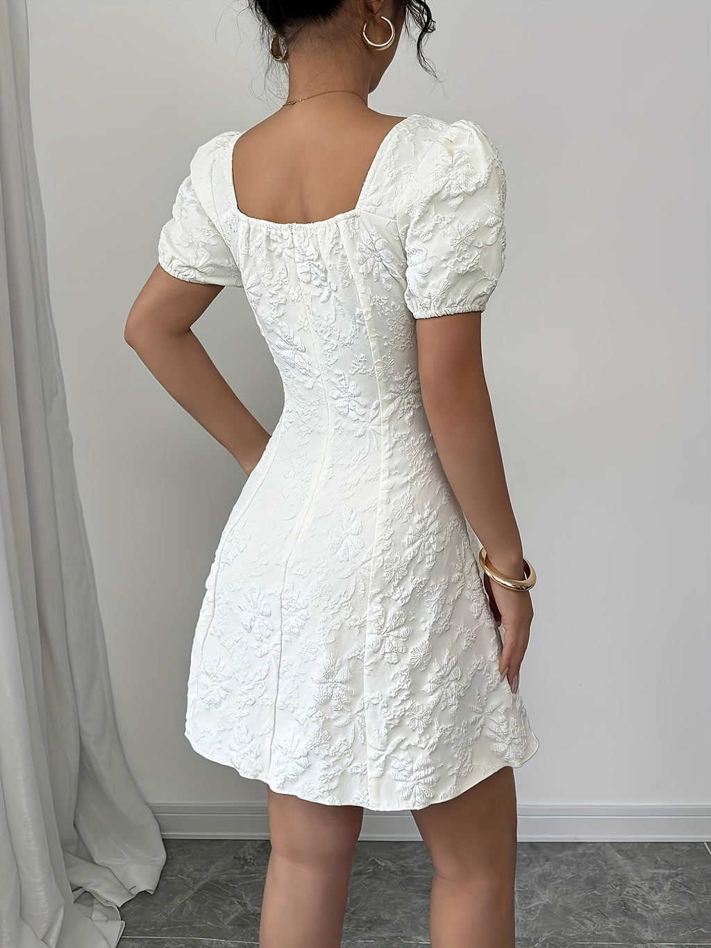 Vestido elegante feminino em A com padrão floral - Festa formal e casual, Casamento, Roupa do dia a dia - Corte elogiador para eventos de outono/inverno - Roupa feminina chique para todas as estações, Moda de inverno, Mangas balão, Costura de qualidade, Roupa elegante, Amantes da moda