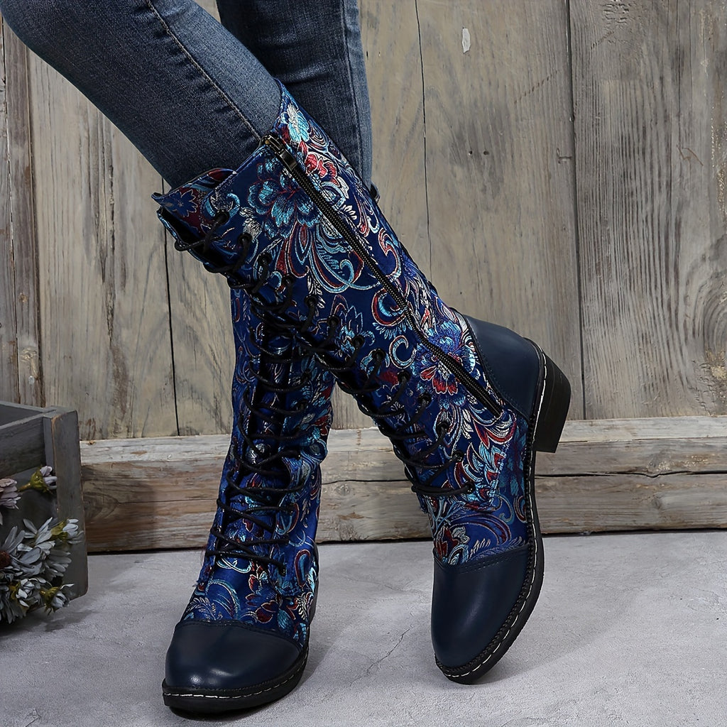 Botas Femininas Chinesas com Bico Redondo e Salto Baixo - Fechamento com Zíper - Botas de Tecido Adequadas para Looks Casuais, Elegantes e Informais - Estampa de Flor Chinesa