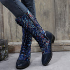 Botas Femininas Chinesas com Bico Redondo e Salto Baixo - Fechamento com Zíper - Botas de Tecido Adequadas para Looks Casuais, Elegantes e Informais - Estampa de Flor Chinesa