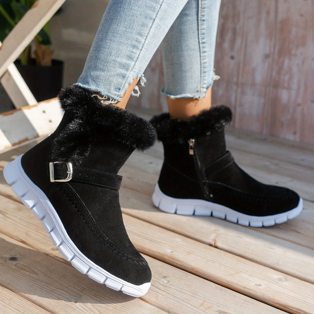 Botas de Inverno Femininas - Sola Espessa com Plataforma para Clima Frio, Sola em PU Antiderrapante, Fecho de Zíper, Interior Aveludado tipo Pelo Sintético - Sapatos Quentes para Looks Diários e Formais - Ylxhoa, Calçado Sazonal, Calçado Elegante, Construção Durável