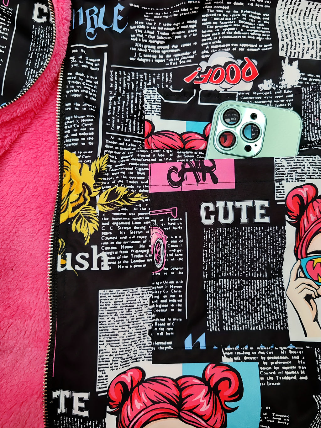 Jaqueta Casual com Capuz para Mulheres Adultas, Estampa Pop Graffiti e Forro, Outono/Inverno