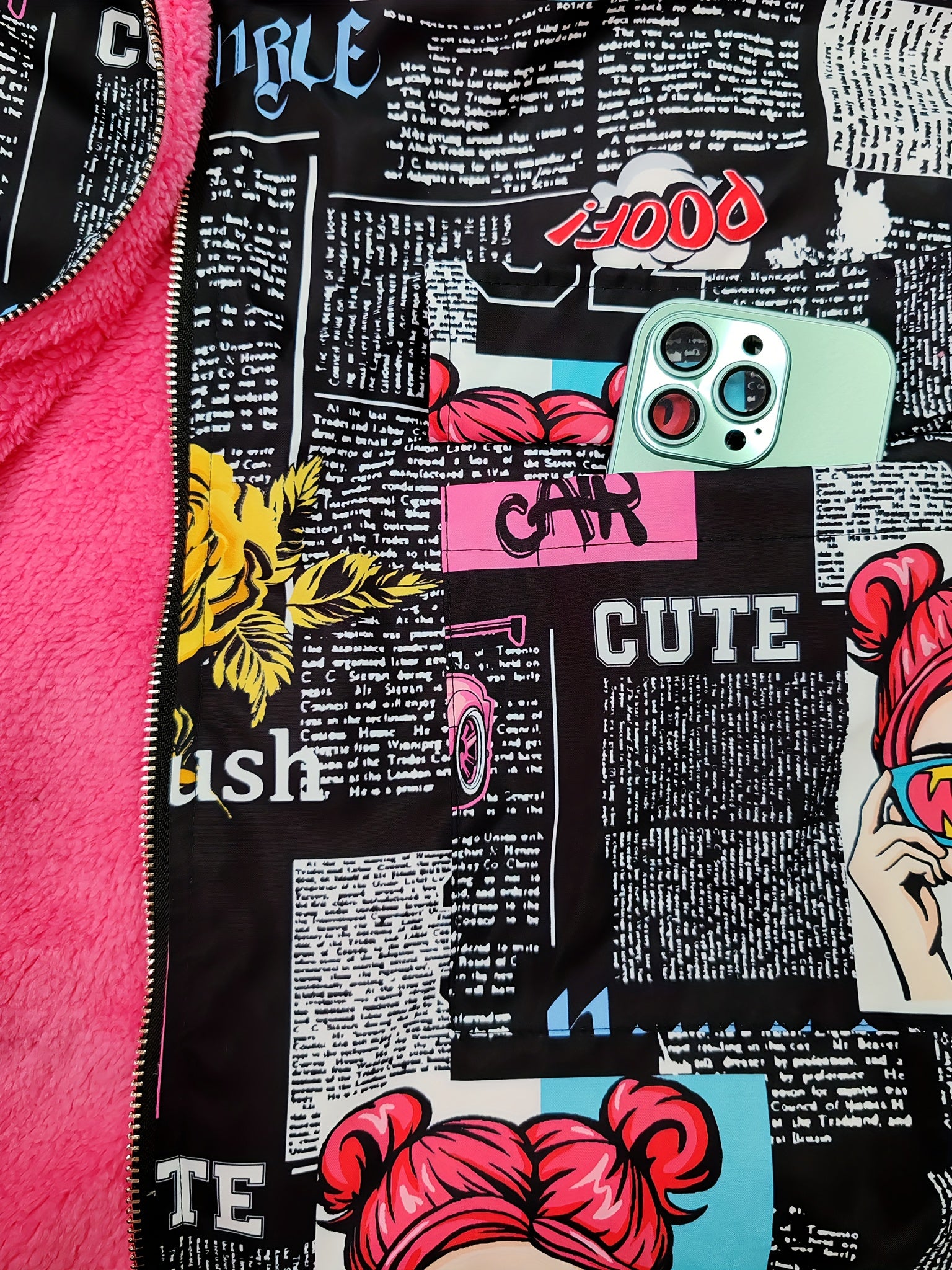 Jaqueta Casual com Capuz para Mulheres Adultas, Estampa Pop Graffiti e Forro, Outono/Inverno