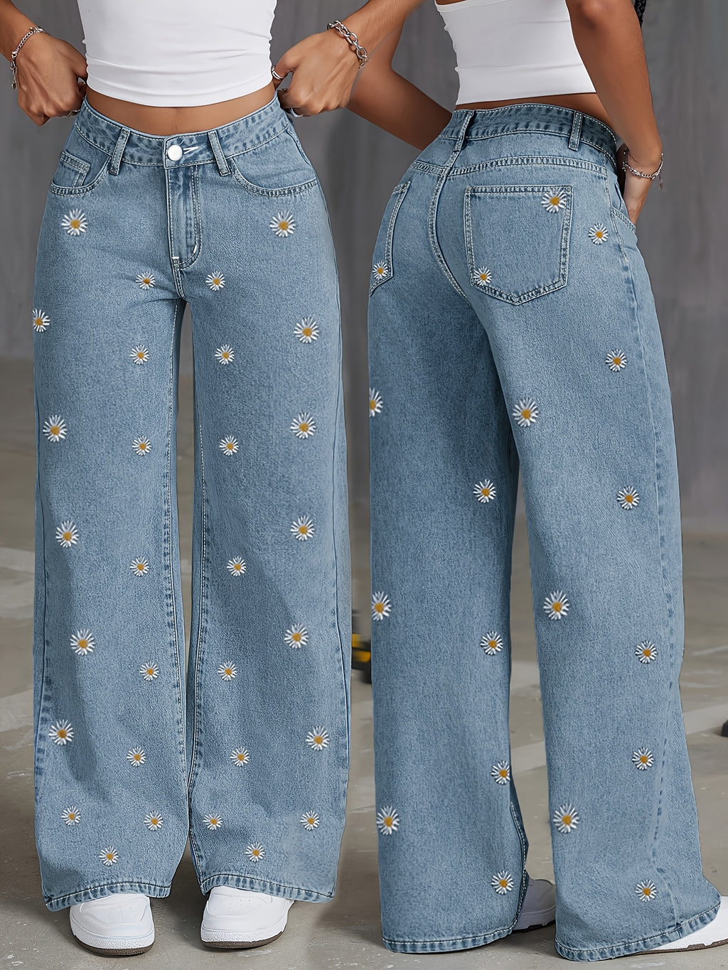 Jeans de cintura subida e perna reta com padrão elegante de margaridas bordadas | Corte oversized, para usar em todas as estações, ganga azul clara, fecho com botões