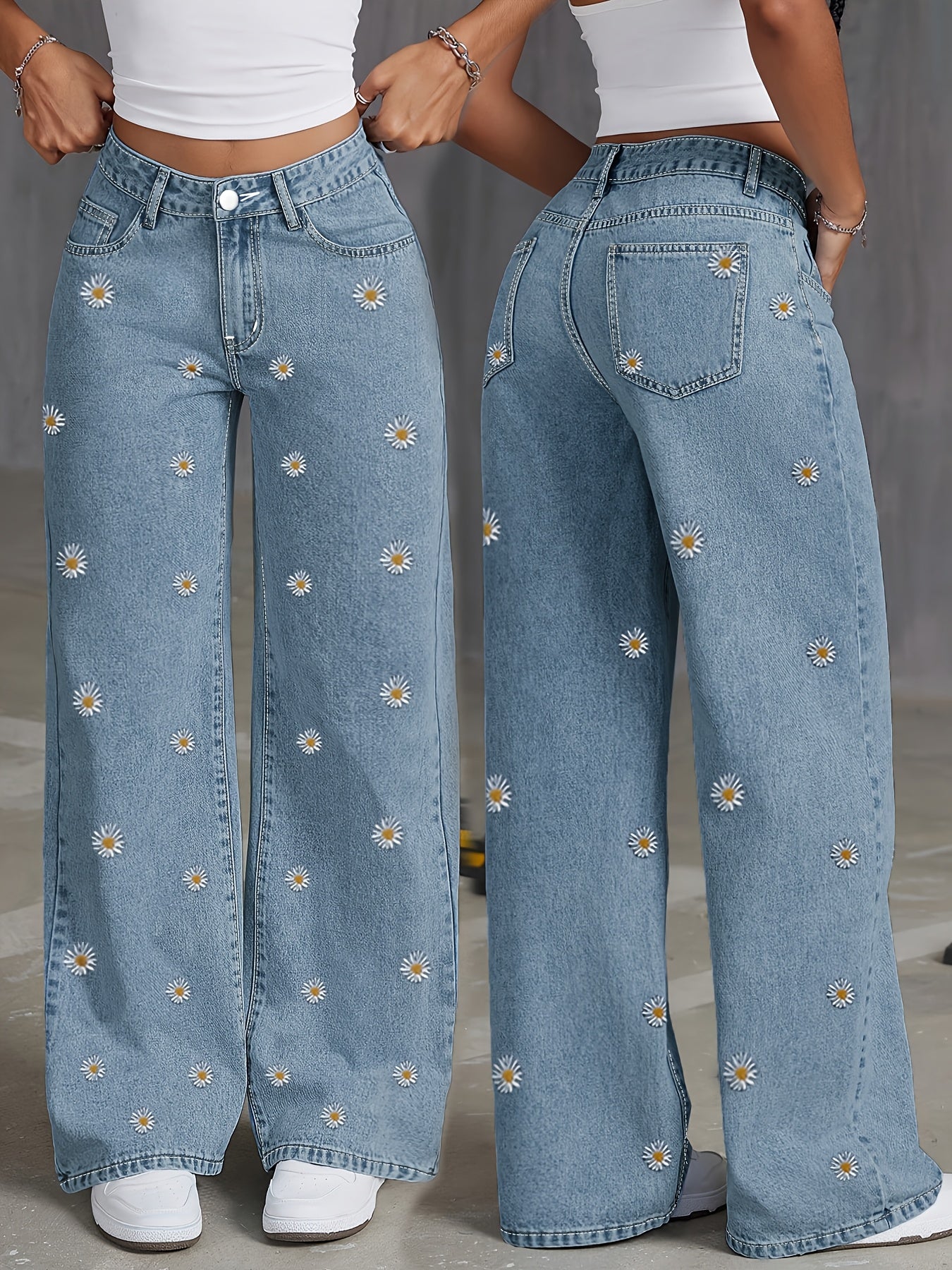 Jeans de cintura subida e perna reta com padrão elegante de margaridas bordadas | Corte oversized, para usar em todas as estações, ganga azul clara, fecho com botões