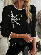 Camisola Vermelha Aconchegante para Mulher com Design de Flocos de Neve - Gola Redonda Casual, Manga Comprida, Conforto para Todas as Estações, Roupa Casual, Moda de Inverno, Camisola Aconchegante, Roupa de Inverno