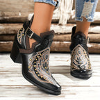 Botas de salto grosso com decoração de contas douradas para mulheres, design de fivela de moda, botas de tornozelo confortáveis para mulheres