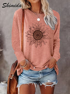 SHIMIDA Camiseta de Manga Longa com Estampa Elegante de Girassol - Blusa de Girassol e Folhas, Gola Redonda para Todas as Estações, Lavável na Máquina, Uso Casual e Sofisticado, Camisa Não Floral para Looks o Ano Todo (Compatível com prova virtual)