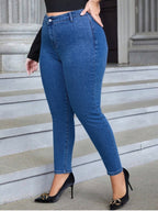 Jeans Justos de Tamanho Grande para Mulher | Cintura Subida, Ajuste Confortável, Tecido com Elasticidade Média, Comprimento Longo, Fecho de Zíper, Cor Lisa, Adequados para Todas as Estações