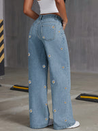Jeans de cintura subida e perna reta com padrão elegante de margaridas bordadas | Corte oversized, para usar em todas as estações, ganga azul clara, fecho com botões