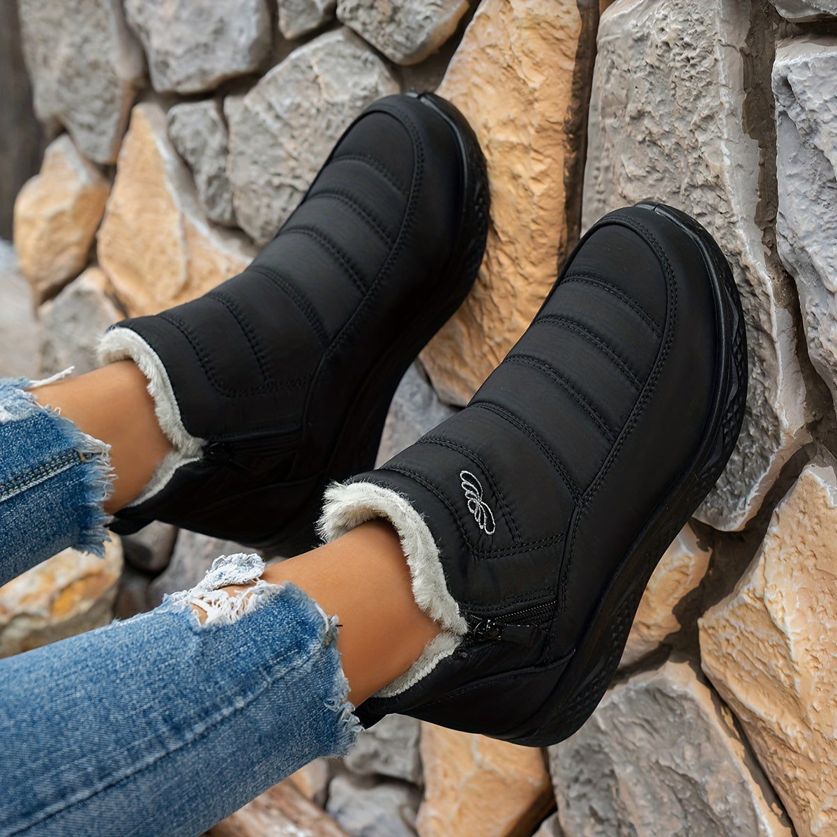 1 par de Botas Femininas para Inverno, Estilo Versátil com Forro Peludo, Design Leve e Bico Redondo, Fácil Calçar em Cano Curto, Ideal para Uso Externo, Confortável Durabilidade Quente - Tênis Elevação Ankle Boots & Snow Boots