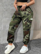 Calças Cargo Camufladas Femininas - Calças de Corte Larga com Cordão na Cintura, Tecido Sem Elasticidade para Uso Diário e Exterior - Calças Casuais para Mulher para Todas as Estações, Roupa de Exterior, Calças de Corte Relaxado, Construção Durável, Estilo Jogger, Uso Confortável