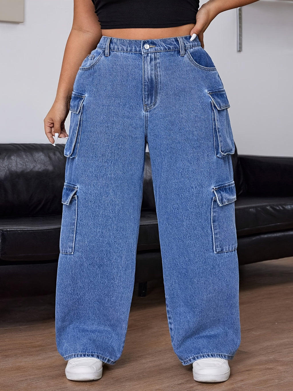 Jeans de Ganga Reta com Cintura Média, Elásticos e Múltiplos Bolsos para Mulheres