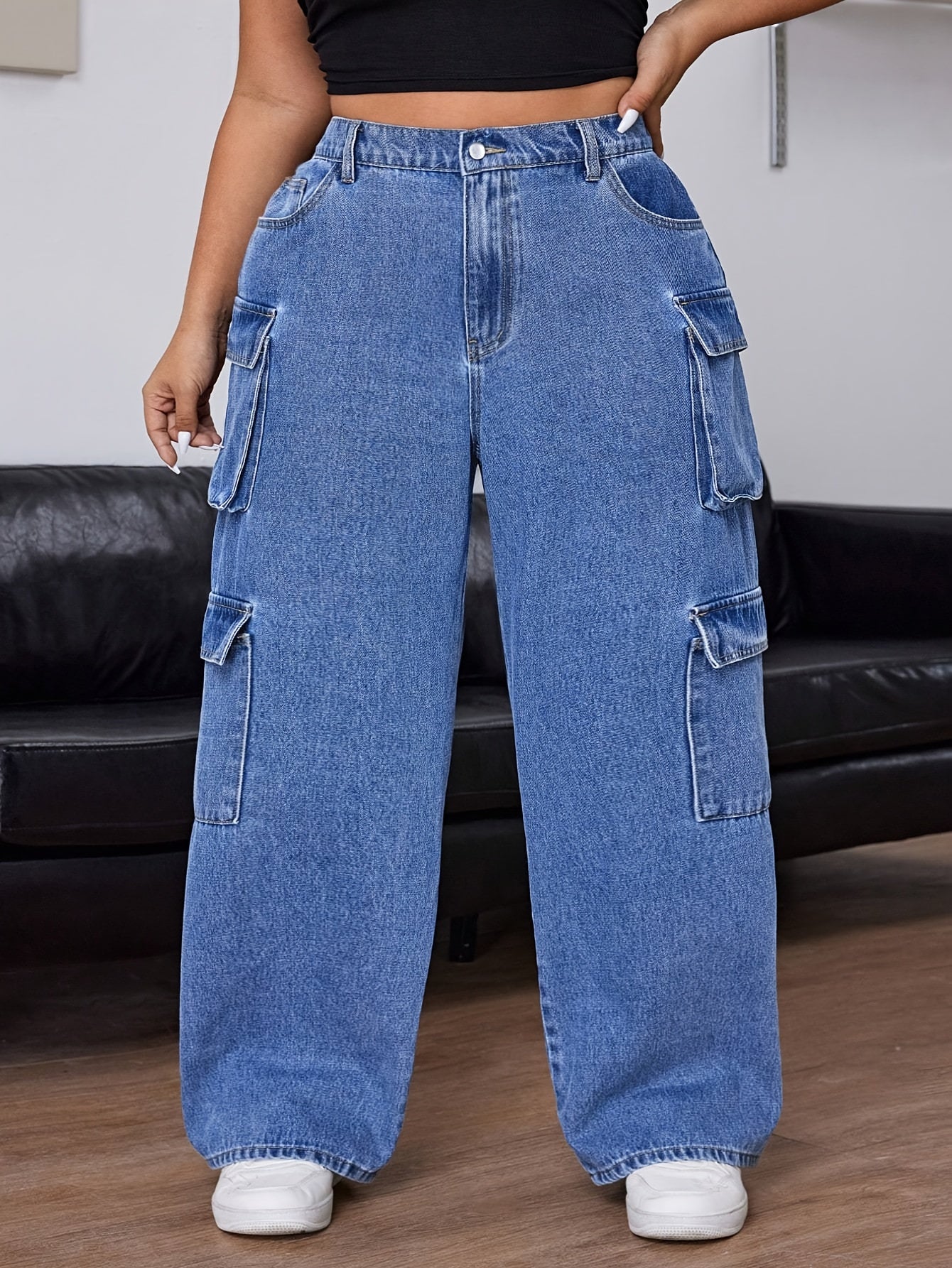 Jeans de Ganga Reta com Cintura Média, Elásticos e Múltiplos Bolsos para Mulheres