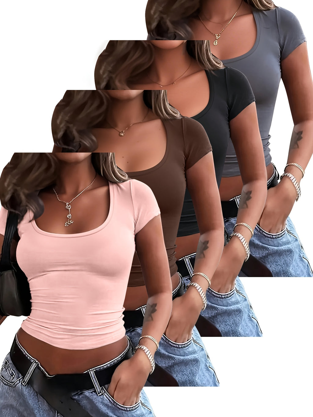 4 peças de camisetas de manga curta para mulheres - Tops curtos de cor sólida com decote em U, Tops de verão casuais elásticos em branco, preto, marrom e cinza, Versáteis para atuário casual, Blusas de top curto
